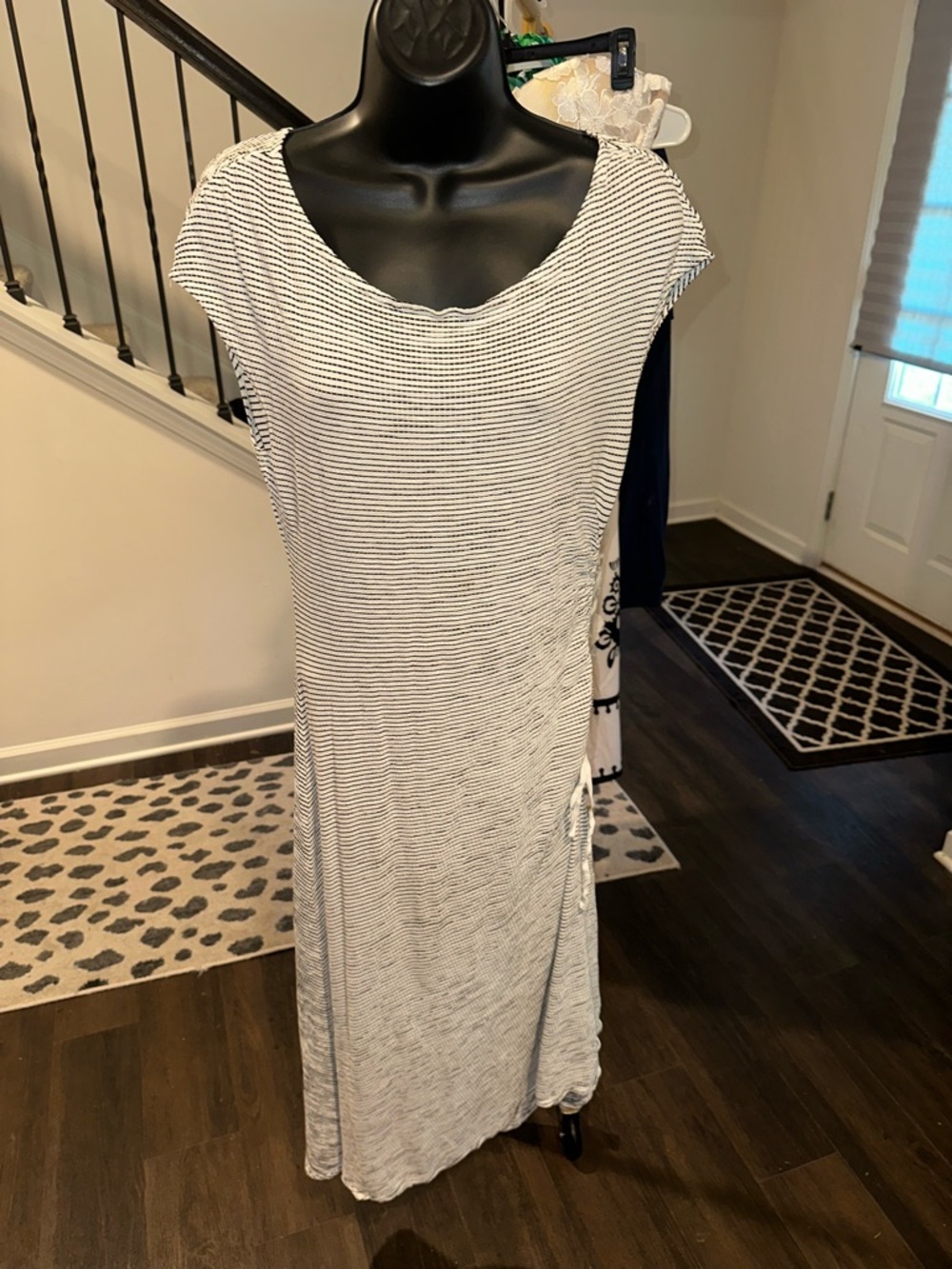 Max Studio Gray & White Striped Side-Tie Midi Dress.